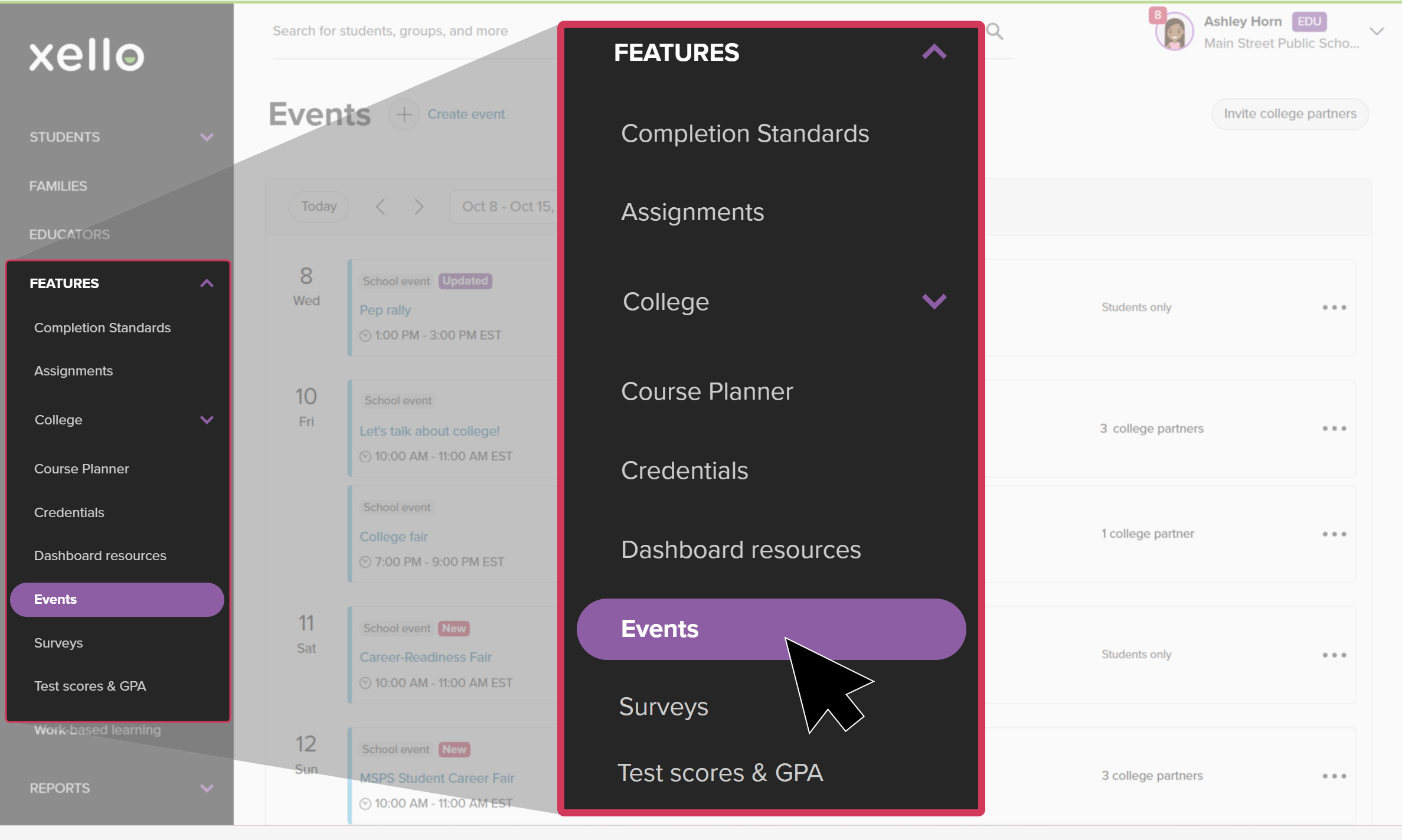 Educator account in Xello. In the left menu, Features is open and the cursor is clicking Events